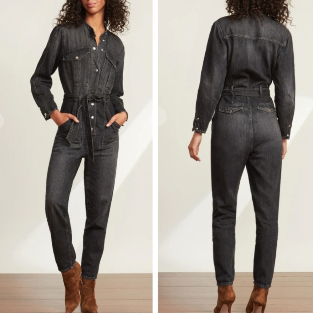 VERONICA BEARD Annie Cargo Denim Jumpsuit in Washed Onyx Black Size S
